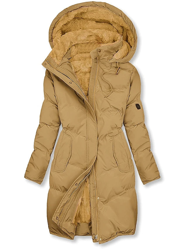 Dames lange gewatteerde puffer winterjas met capuchon en warme voering
