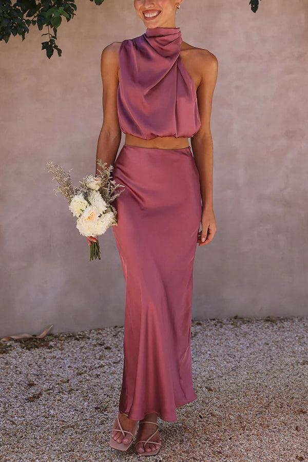 SALVINA | Satijnen Two-Piece Set met Haltertop & Vloeiende Maxi-Rok