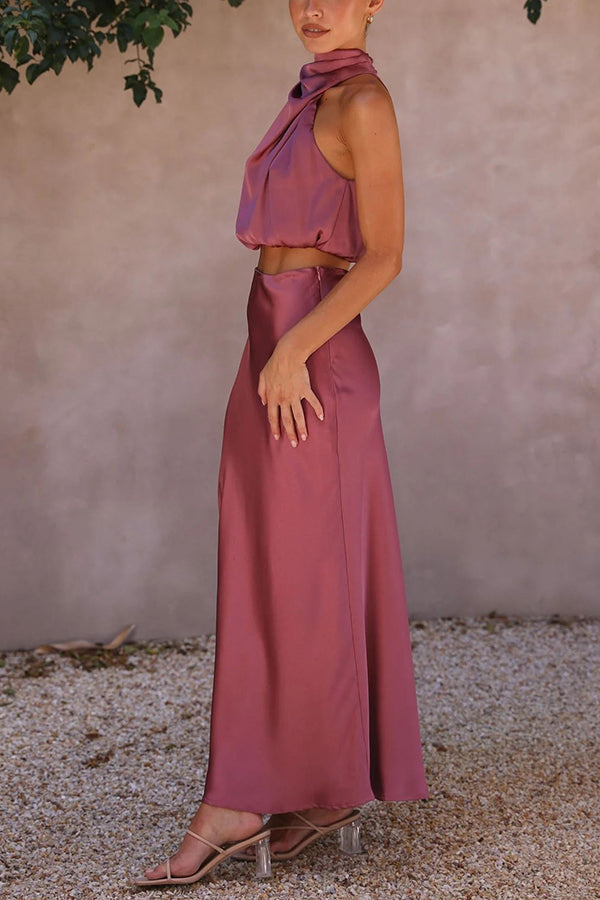 SALVINA | Satijnen Two-Piece Set met Haltertop & Vloeiende Maxi-Rok