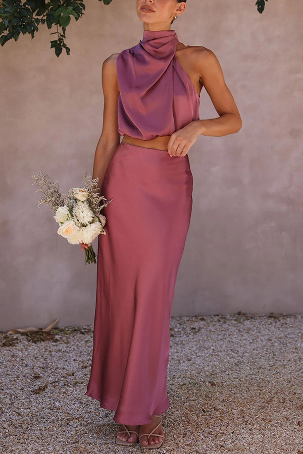 SALVINA | Satijnen Two-Piece Set met Haltertop & Vloeiende Maxi-Rok