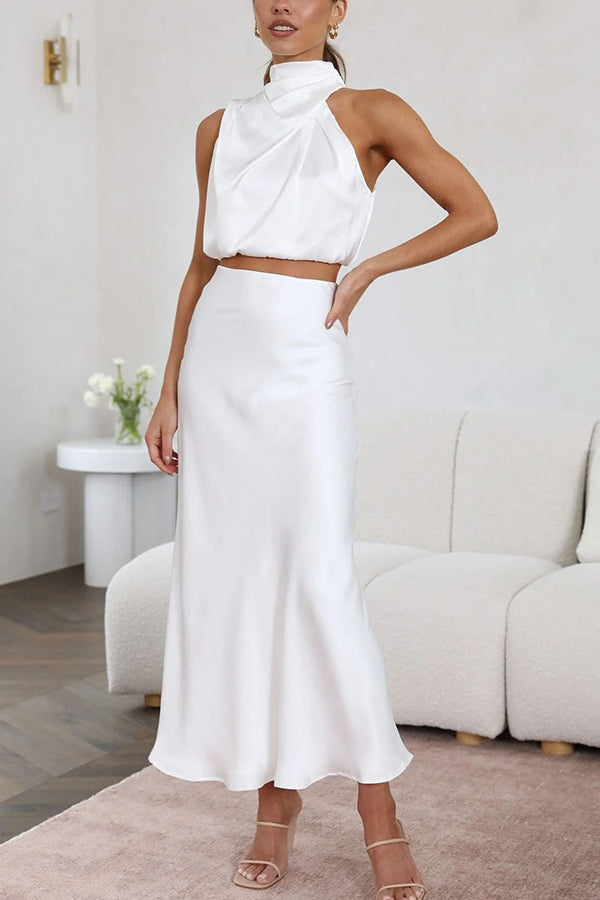 SALVINA | Satijnen Two-Piece Set met Haltertop & Vloeiende Maxi-Rok