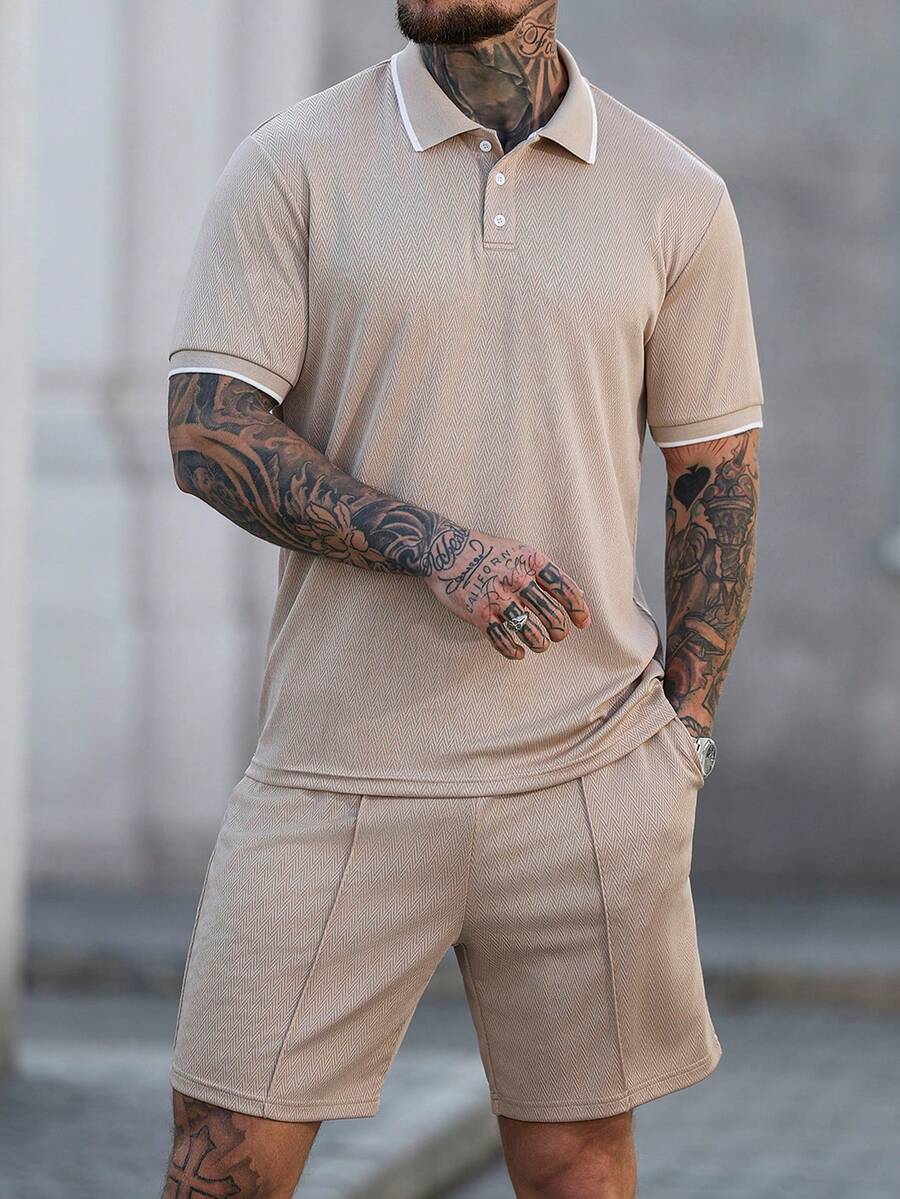 Beige heren polo & shorts set – minimalistische zomerset met relaxte uitstraling