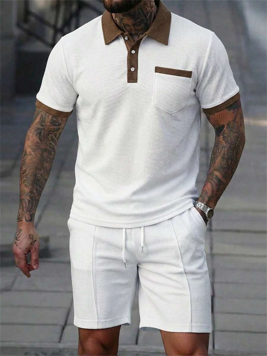 Beige heren polo & shorts set – minimalistische zomerset met relaxte uitstraling