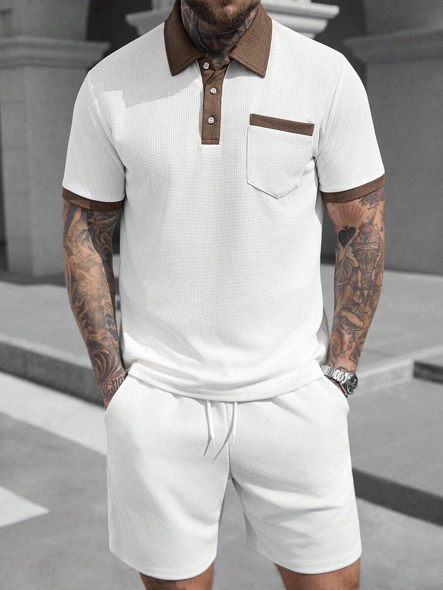 Beige heren polo & shorts set – minimalistische zomerset met relaxte uitstraling