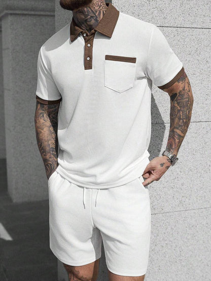 Beige heren polo & shorts set – minimalistische zomerset met relaxte uitstraling