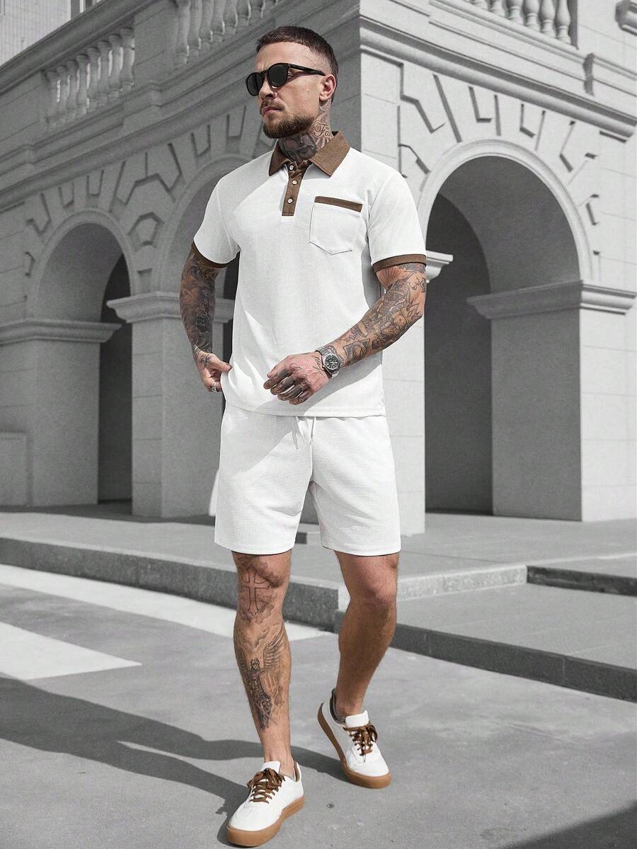 Beige heren polo & shorts set – minimalistische zomerset met relaxte uitstraling