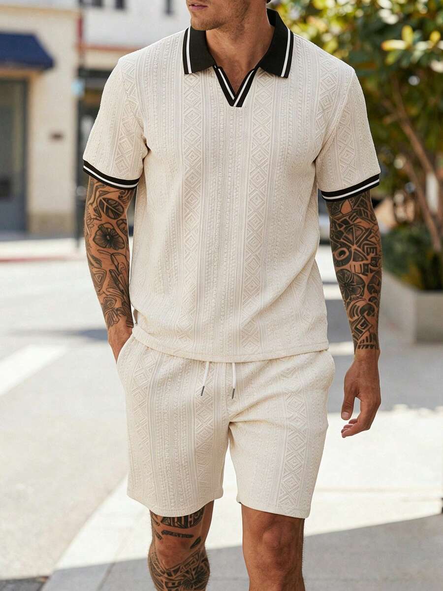 Beige heren polo & shorts set – minimalistische zomerset met relaxte uitstraling