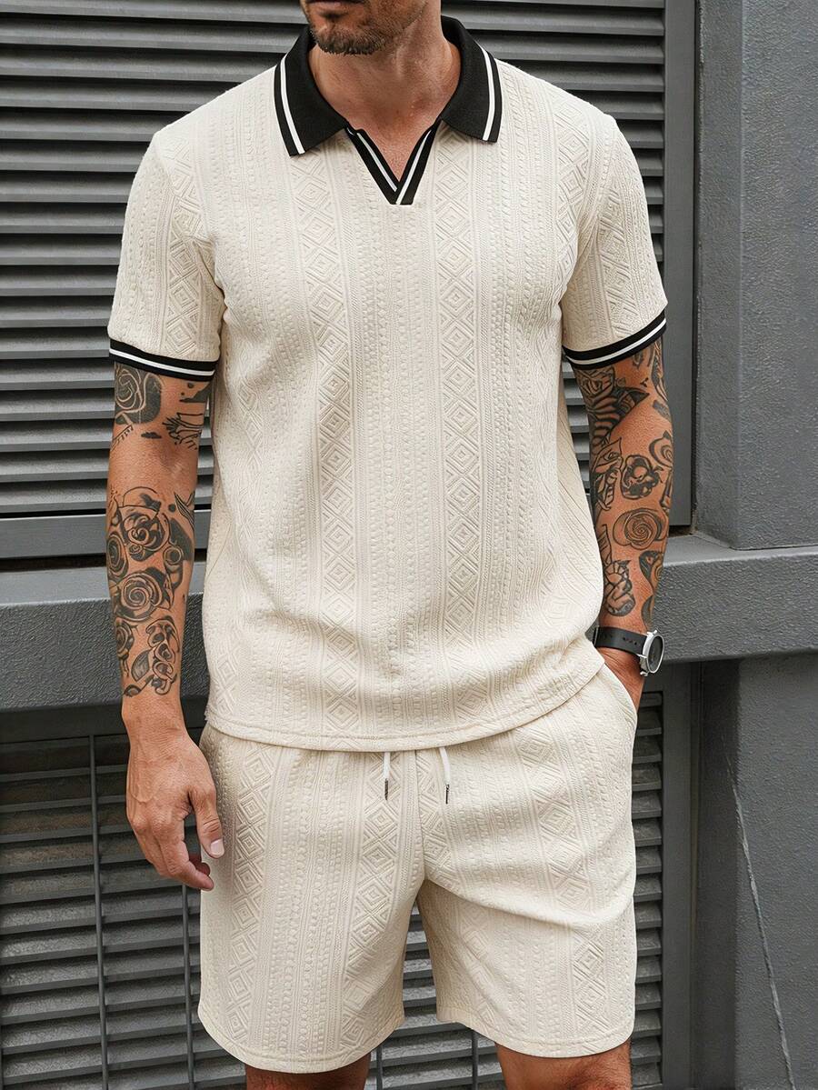 Beige heren polo & shorts set – minimalistische zomerset met relaxte uitstraling