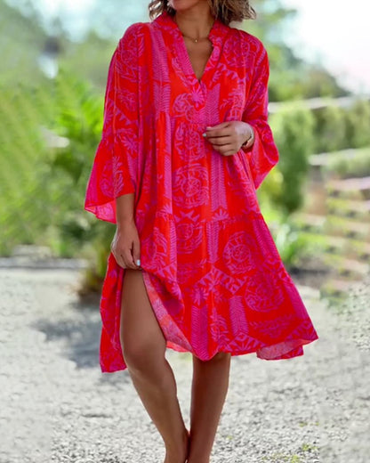 LIVIA | Boho-Jurk met Driekwart Mouwen en Geometrische Print