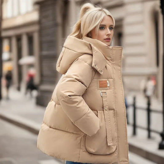 Lange dames puffer winterjas met dons- en katoenvulling