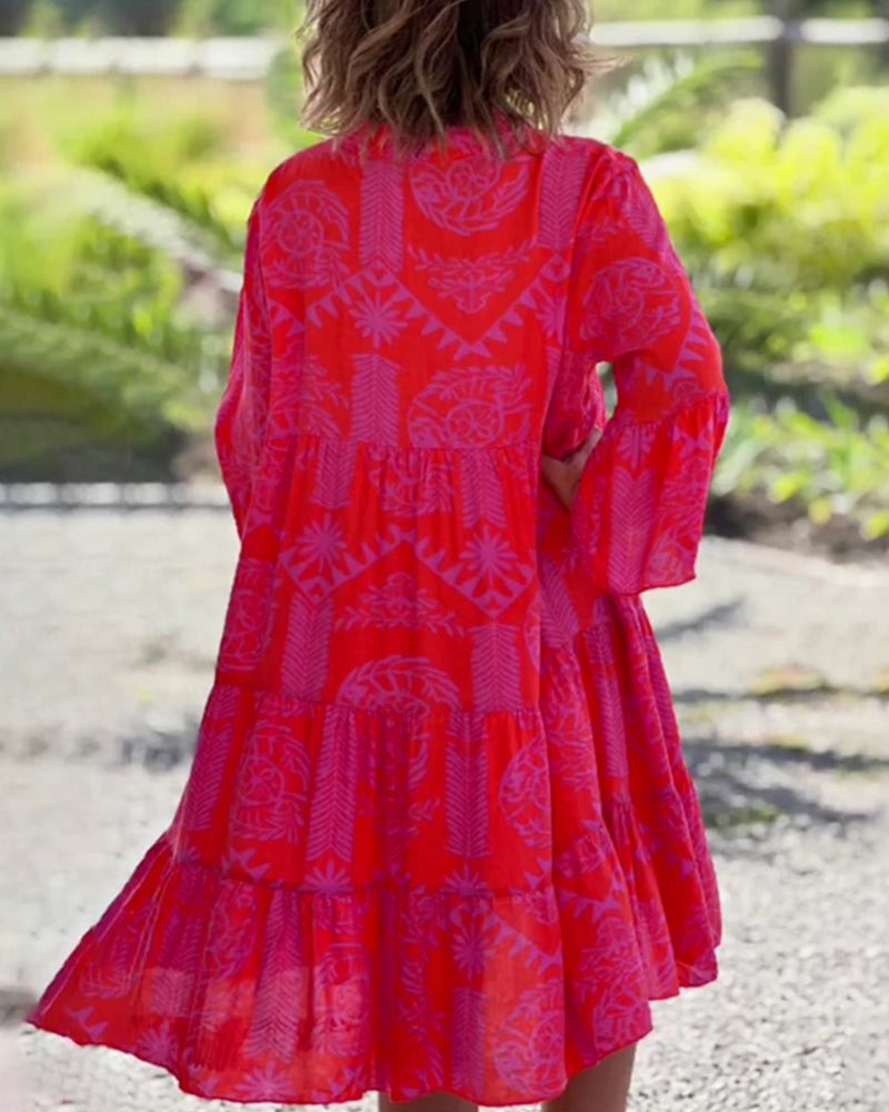 LIVIA | Boho-Jurk met Driekwart Mouwen en Geometrische Print