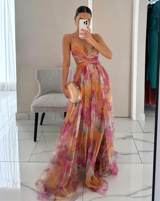 Rosalyn | Maxi Zomerjurk met Bloemenprint en Diepe Halslijn