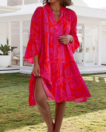 LIVIA | Boho-Jurk met Driekwart Mouwen en Geometrische Print