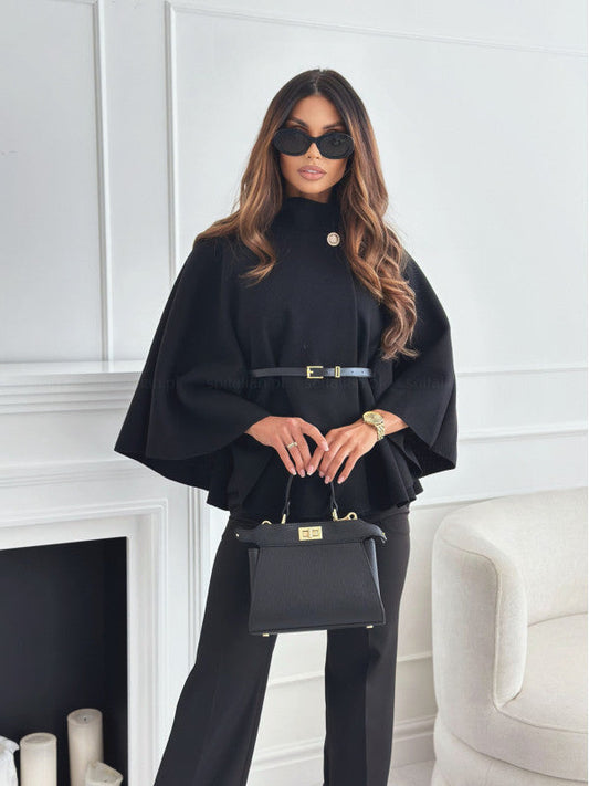 Batwing jas met riem en brede mouwen | Elegante mantel in wolmix