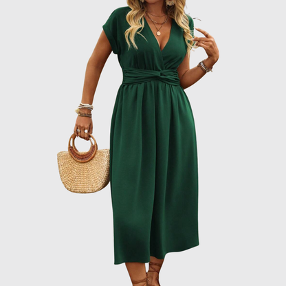 Ivy Sage | Luchtige Midi Jurk met V-hals in Frisse Groentint