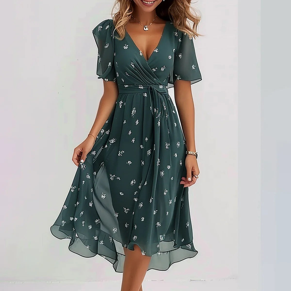 Mirellia | Midi Overslagjurk met Print en Vlindermouwen