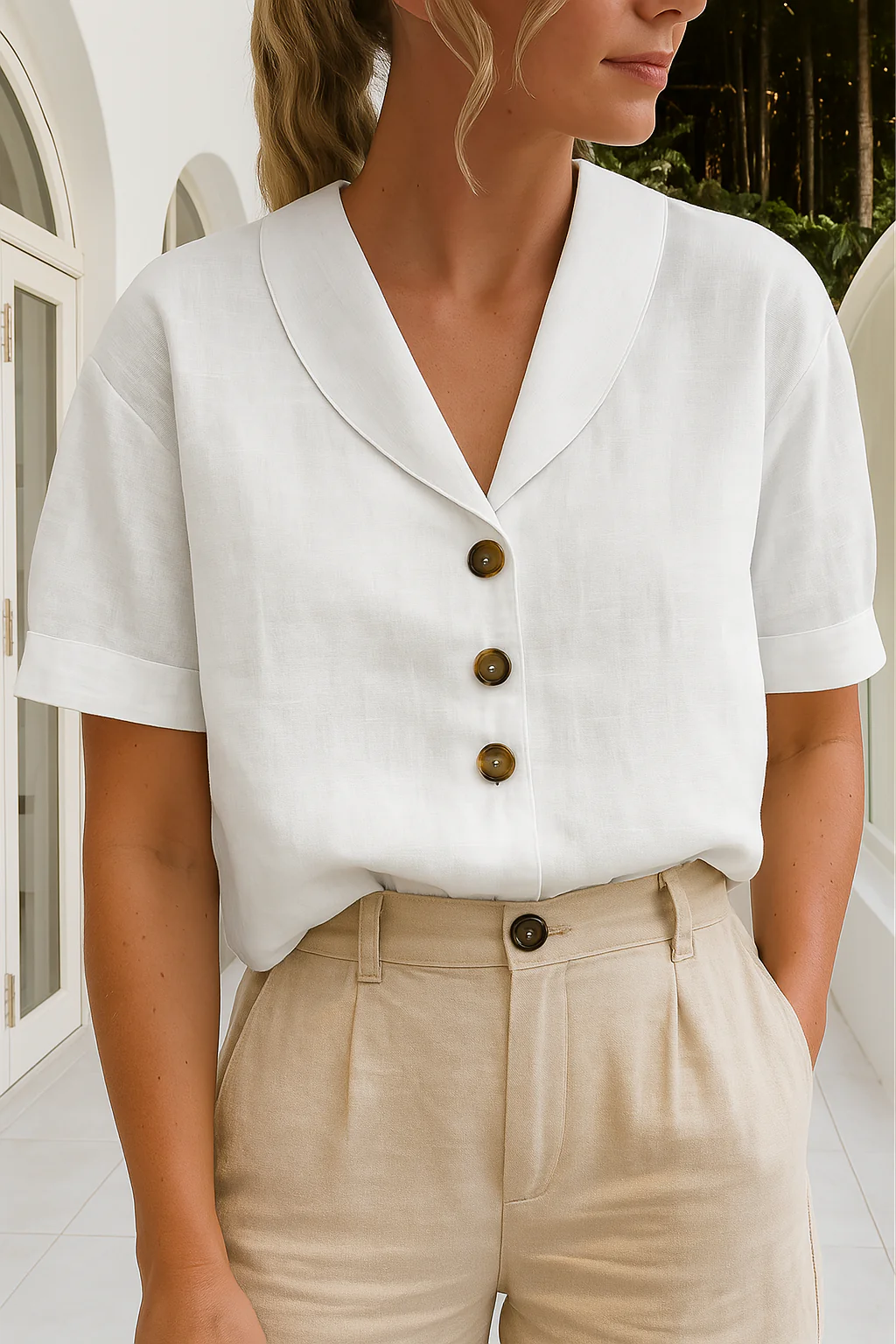 ARVINA | Dames blouse met sjaalkraag – Korte mouwen en knoopsluiting vooraan 0