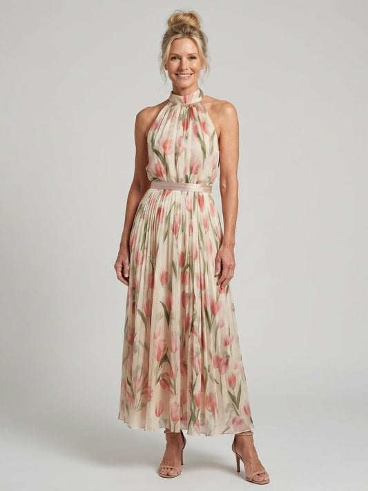 Aurel Dames Midi Jurk | Bloemenpatroon, Halterhals, Lichtgewicht 0