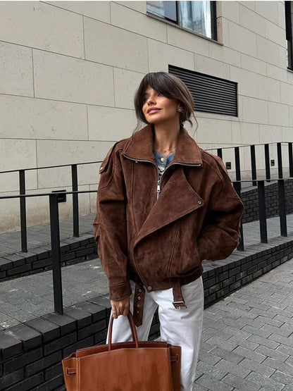 Ava Dames Bikerjas | Zachte Suède met Oversized Kraag