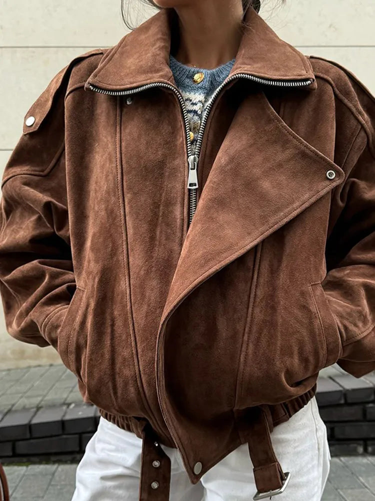 Ava Dames Bikerjas | Zachte Suède met Oversized Kraag