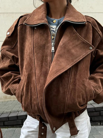Ava Dames Bikerjas | Zachte Suède met Oversized Kraag