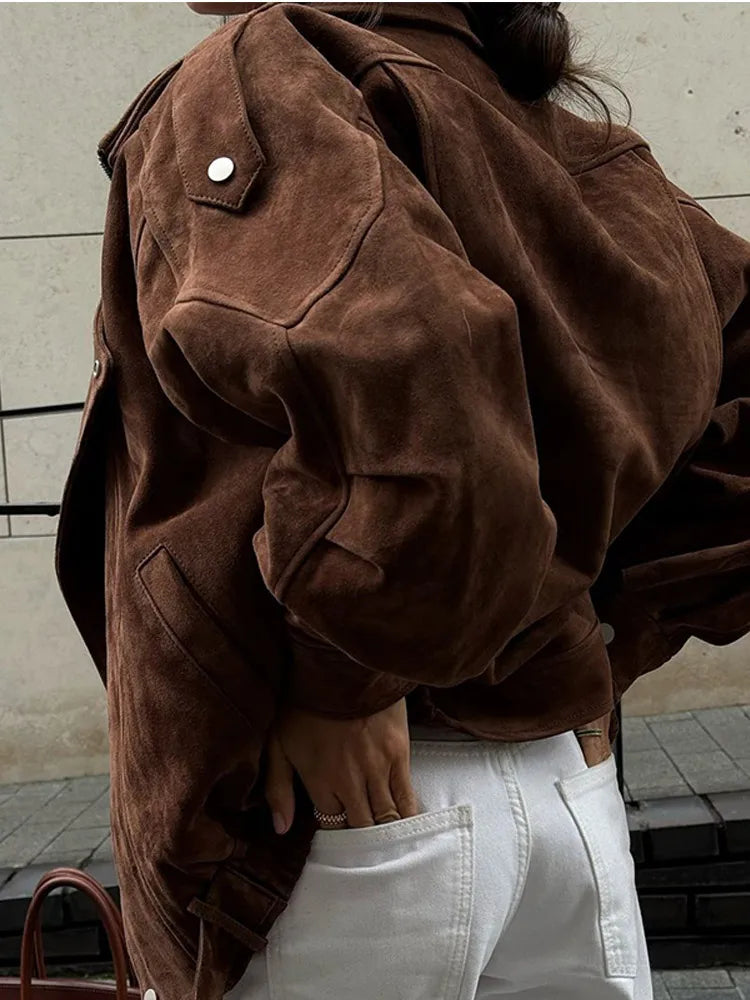 Ava Dames Bikerjas | Zachte Suède met Oversized Kraag