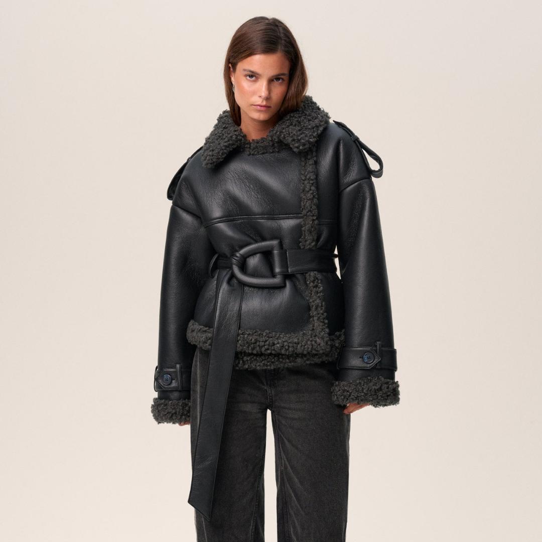 Ava Dames Winterjas | Luxe PU-Leer met Oversized Ceintuur