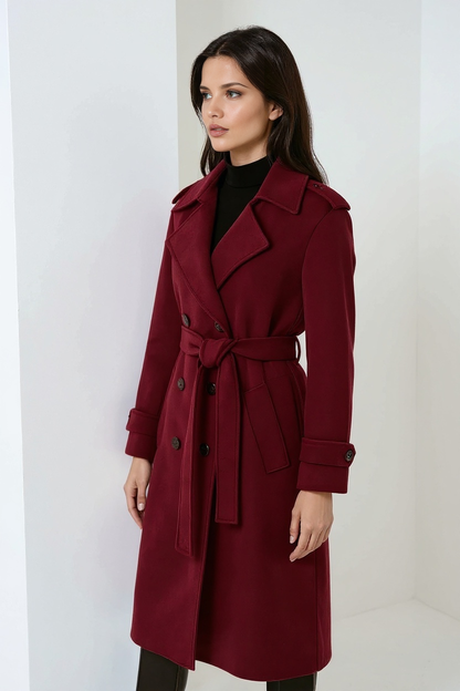 Burgundy Lange Winterjas Dames met Ceintuur en Dubbele Knopen voor Stijl en Comfort