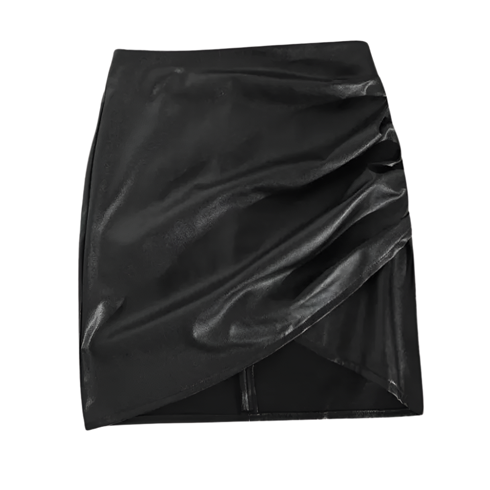 VALÉRIA | Asymmetrische imitatieleer rok met geplooide details