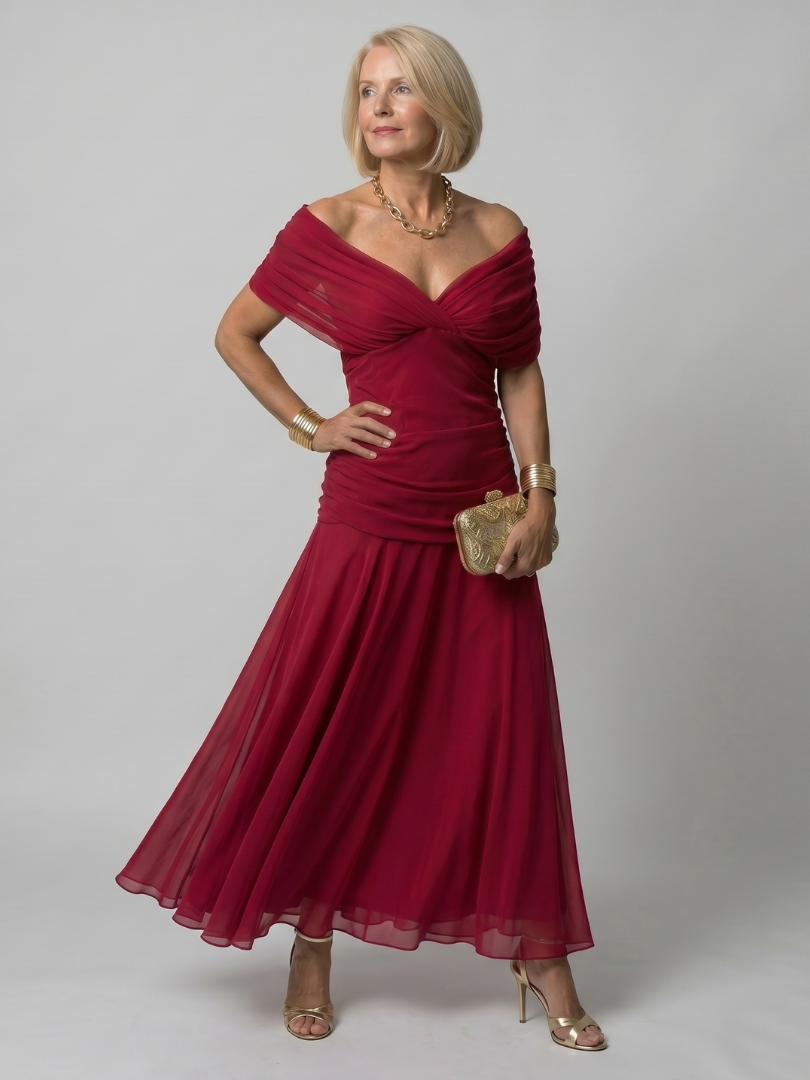 Carmen Dames Midi Jurk | Lichtgewicht, Gedrapeerde Halslijn 7