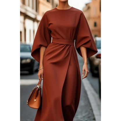 Maelina | Midi-Jurk met Lantaarnmouwen en Elegante Tailleceintuur