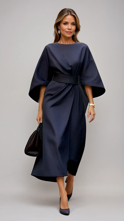 Maelina | Midi-Jurk met Lantaarnmouwen en Elegante Tailleceintuur