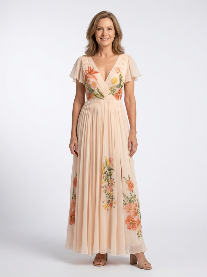 Celia Dames Maxi Jurk | V-hals, Geplooide Rok, Ademend Materiaal 0