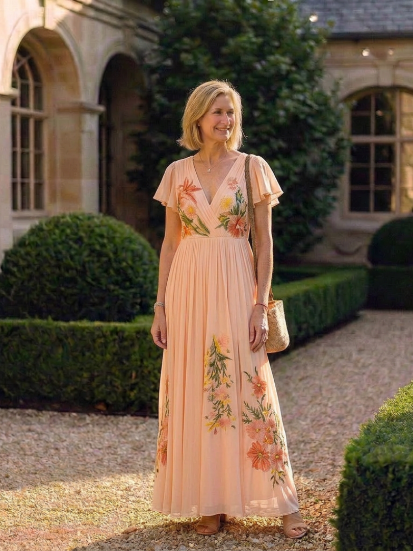 Celia Dames Maxi Jurk | V-hals, Geplooide Rok, Ademend Materiaal 3