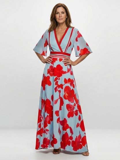 Cori Dames Maxi Jurk | Zachte Stof, Rode Bloemenprint 0