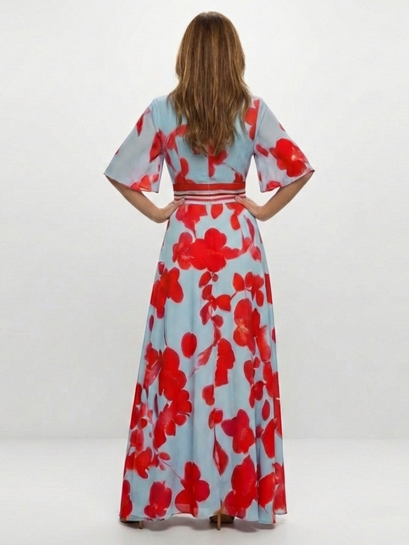Cori Dames Maxi Jurk | Zachte Stof, Rode Bloemenprint 1