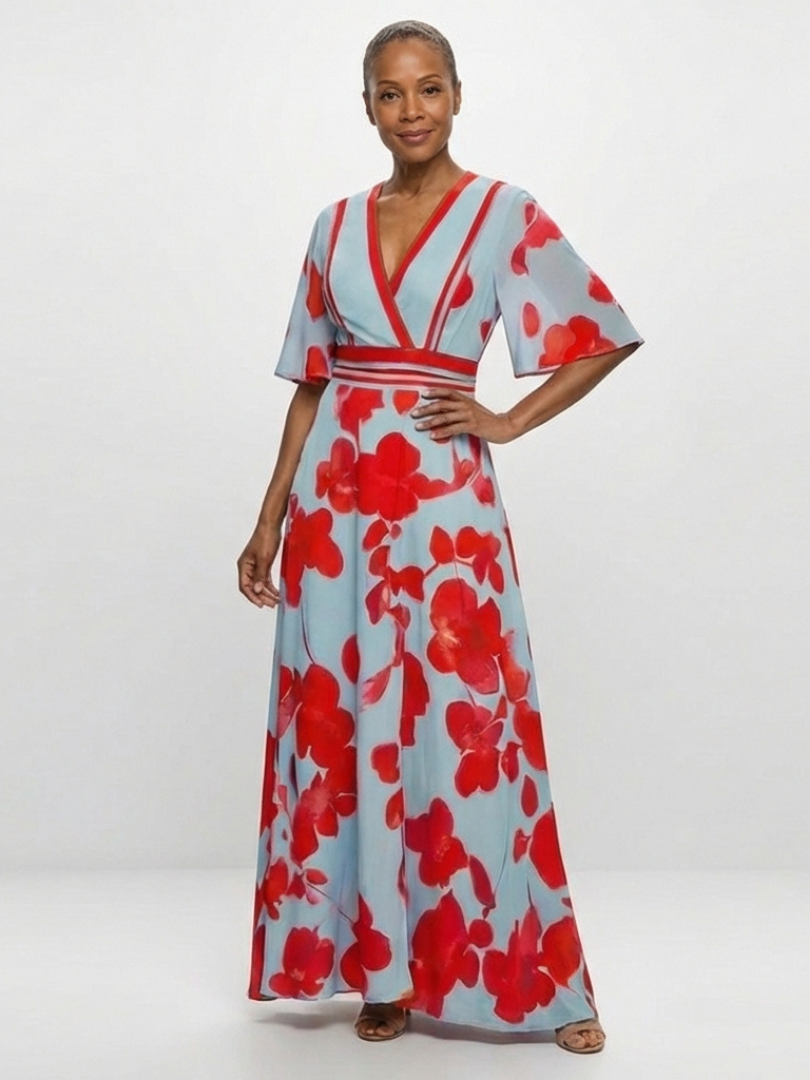 Cori Dames Maxi Jurk | Zachte Stof, Rode Bloemenprint 3