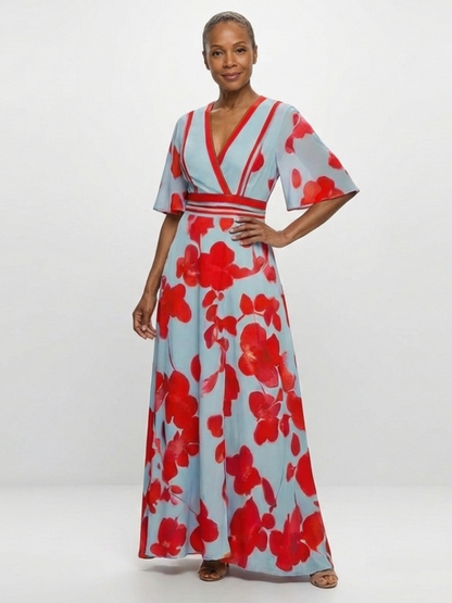 Cori Dames Maxi Jurk | Zachte Stof, Rode Bloemenprint 3