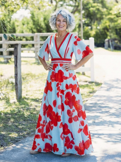 Cori Dames Maxi Jurk | Zachte Stof, Rode Bloemenprint 4
