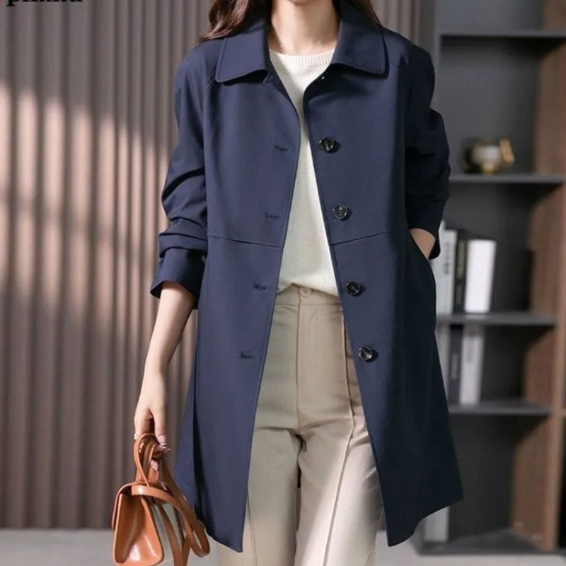 Dames Trenchcoat met Knoopsluiting en Kraag – Tijdloos en Comfortabel in Zwart, Geschikt voor Lente en Herfst