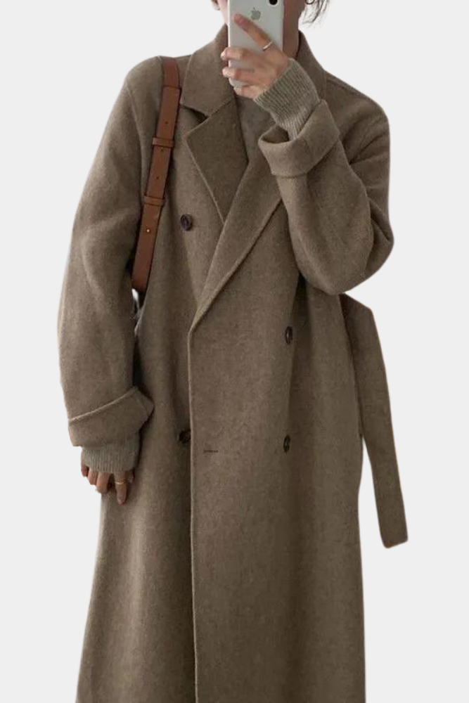 Elegante Lange Winterjas Dames met Double-Breasted Ontwerp en Ribgebreide Mouwboorden - Warm en Comfortabel