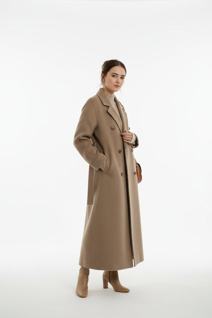 Elegante Lange Winterjas Dames met Double-Breasted Ontwerp en Ribgebreide Mouwboorden - Warm en Comfortabel