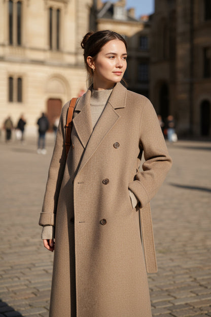 Elegante Lange Winterjas Dames met Double-Breasted Ontwerp en Ribgebreide Mouwboorden - Warm en Comfortabel