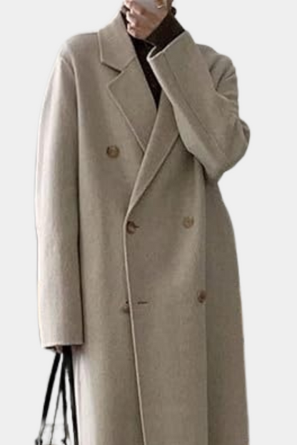 Elegante Lange Winterjas Dames met Double-Breasted Ontwerp en Ribgebreide Mouwboorden - Warm en Comfortabel