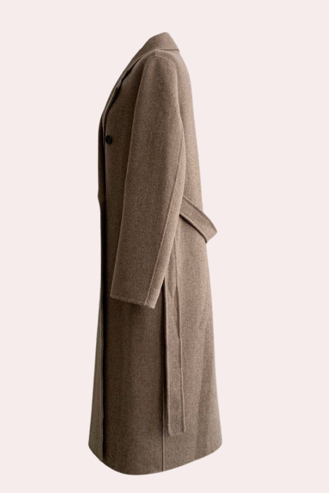 Elegante Lange Winterjas Dames met Double-Breasted Ontwerp en Ribgebreide Mouwboorden - Warm en Comfortabel