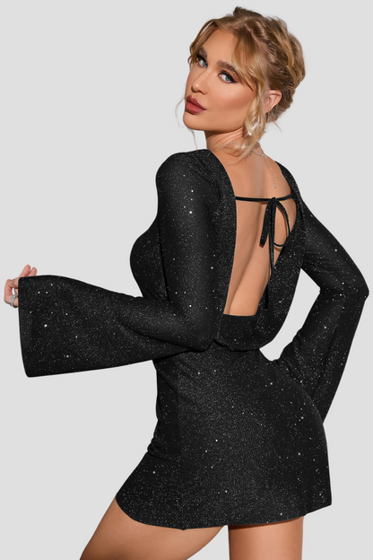 ELENORA | Glitterjurk met Open Rug en Lange Mouwen