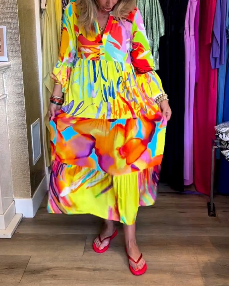 Gele jurk met uitlopende mouwen en print elegant 3