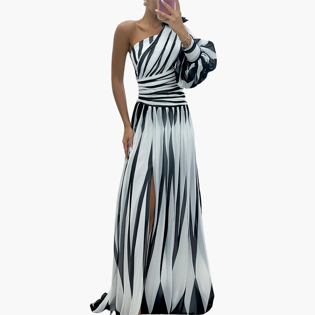 Gina Dames Maxi Jurk | Gestreept One-Shoulder Design, Ademend en Lichtgewicht 0