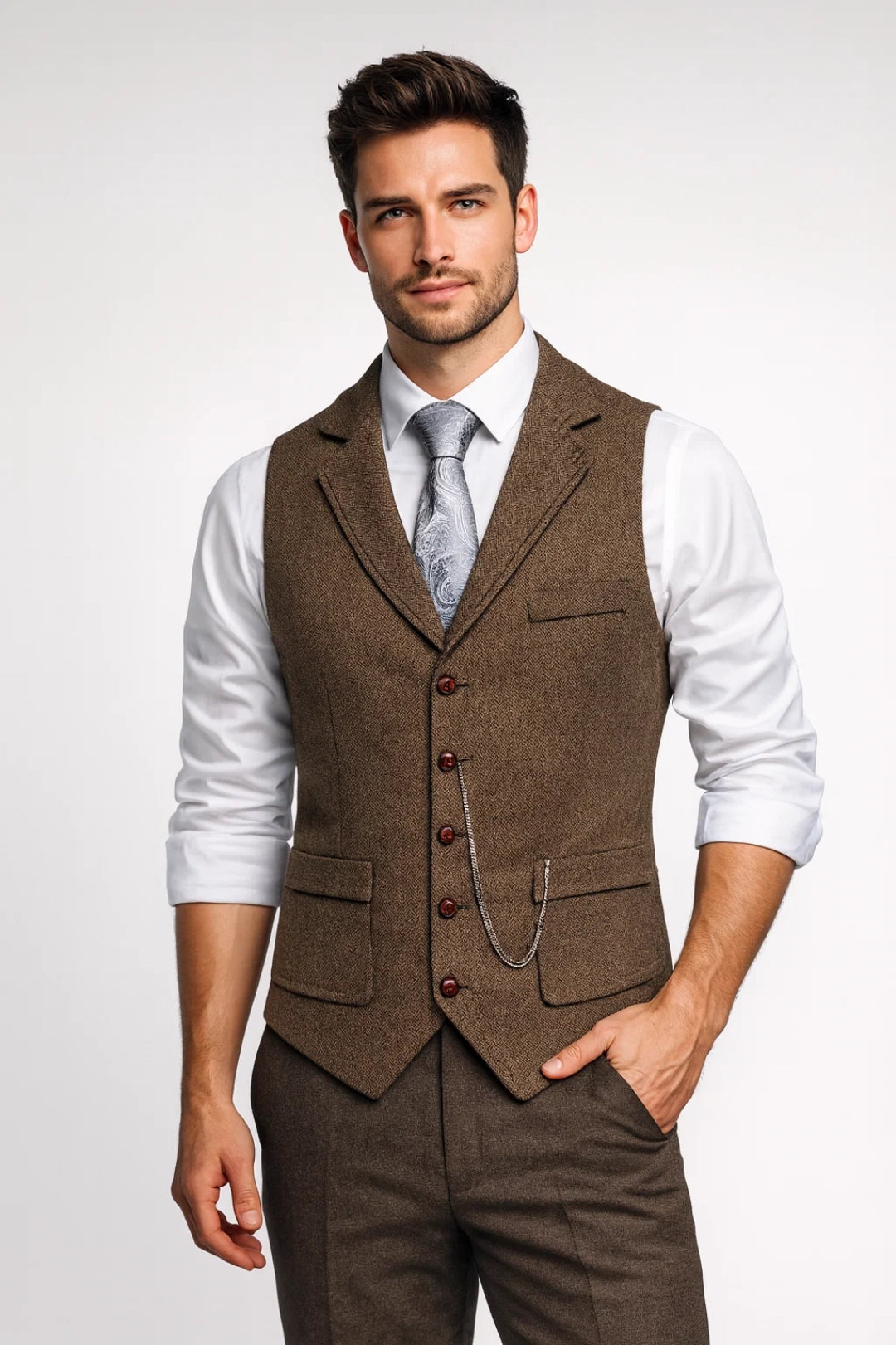 Gino Heren Gilet | Slim Fit, Elegante Revers met Visgraatpatroon 0