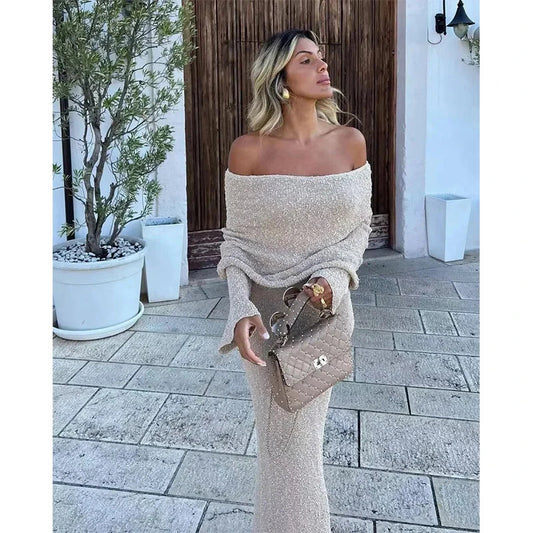 SOLVANA | Gehaakte maxi strandjurk met off-shoulder hals